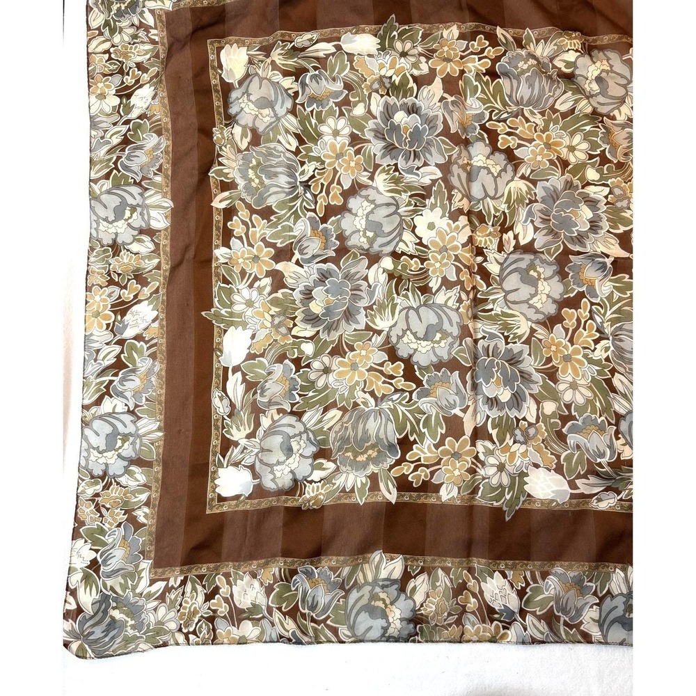 Vintage Floral Chiffon Scarf Womens Brown Sheer Lightweight Boho Necktie Cottage - Picture 2 of 3